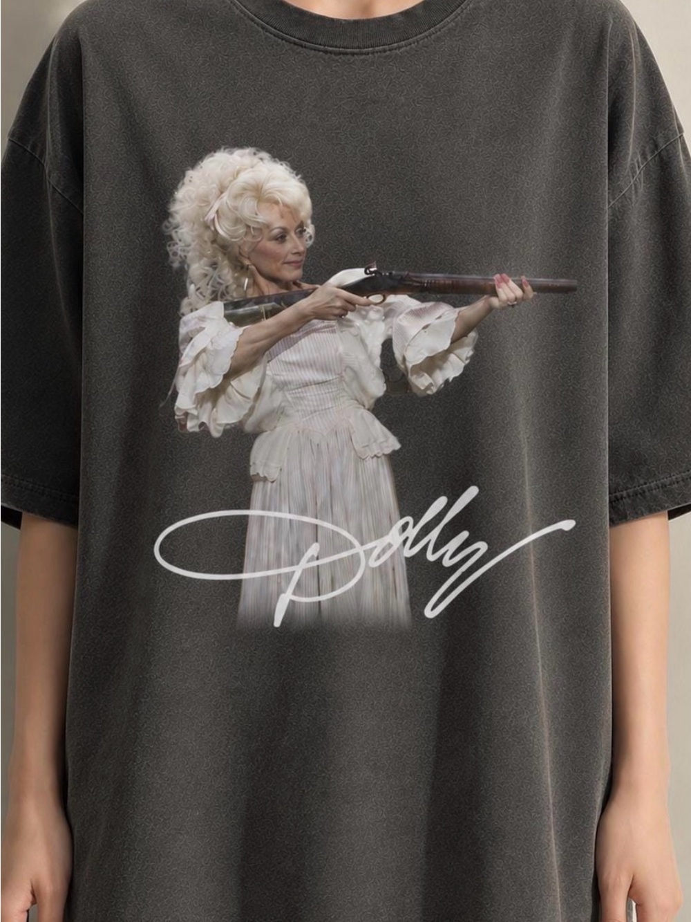 Grey Graphic Womens Tee with Signature Dolly Print NWOT